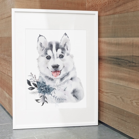 Watercolor Wall Art Husky Puppy Portrait Print Unframed - Picture 7 of 8